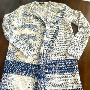 Stunning White and royal blue, long cardigan, cotton blend